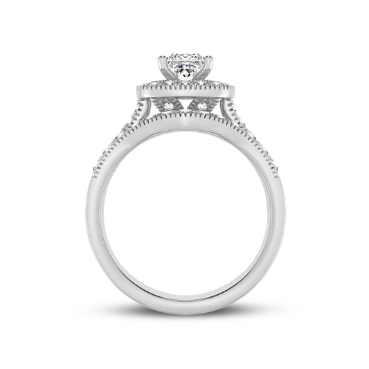 Princess Halo Engagement Ring with matching Band & millgraining (SKU#00814ARG)