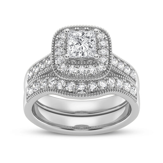 Princess Halo Engagement Ring with matching Band & millgraining (SKU#00814ARG)