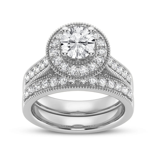 Round Halo Engagement Ring with matching Band & millgraining (SKU#00815RG)