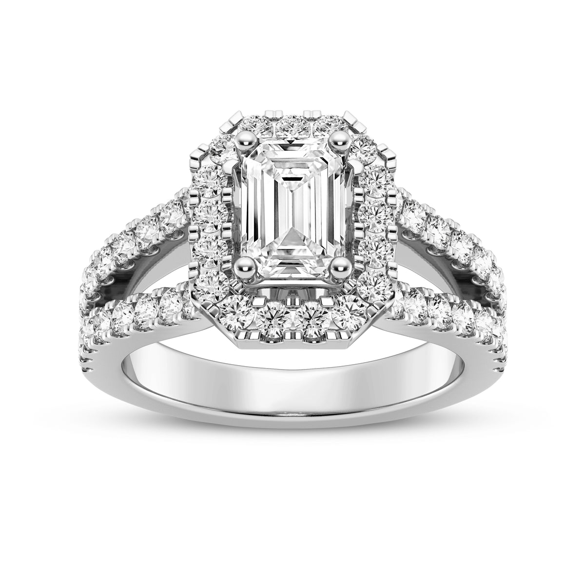 Emerald Cut Halo Split Shank Engagement Ring (SKU#10015RG-100)