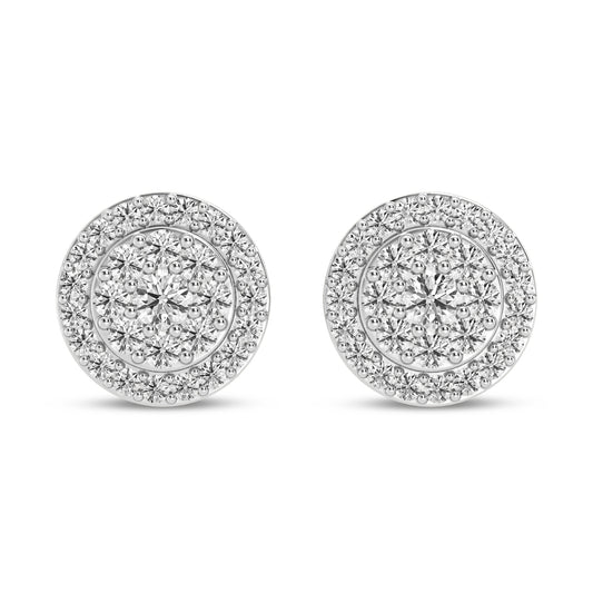 Diamond Circle Frame Flower Cluster Earrings 0.50 Cts